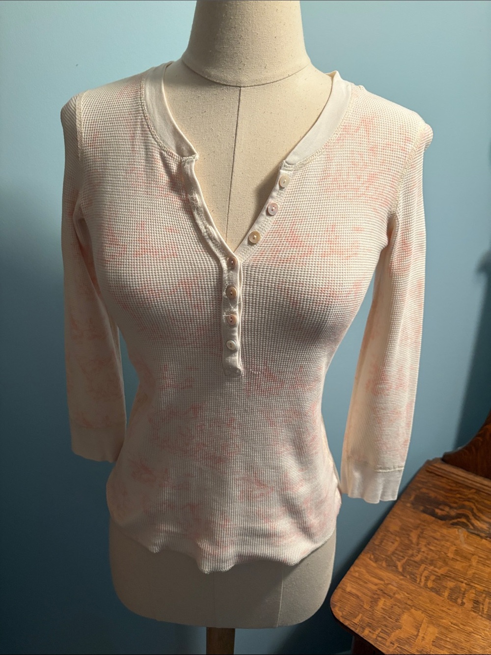 Juicy Couture Light Pink Tie-Dye Waffle Henley Top